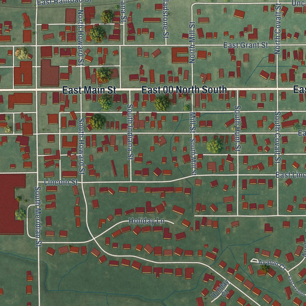 Close-up of the map of Greentown, Indiana print showing street and building detail