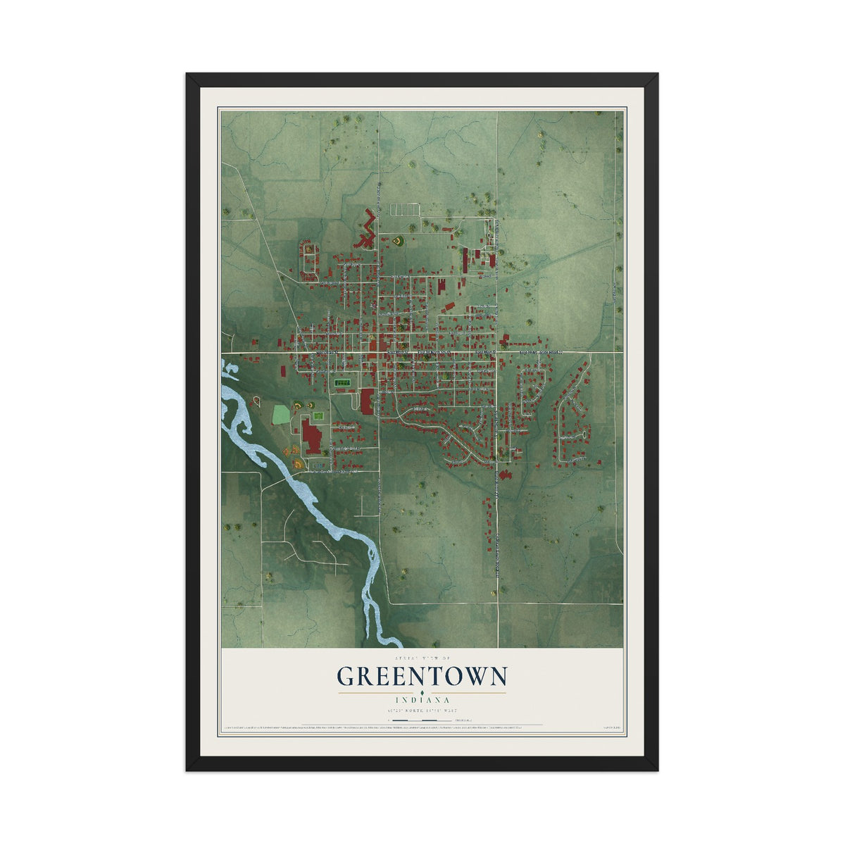 Map of Greentown, Indiana, 12 x 18 inch print in a black wood frame