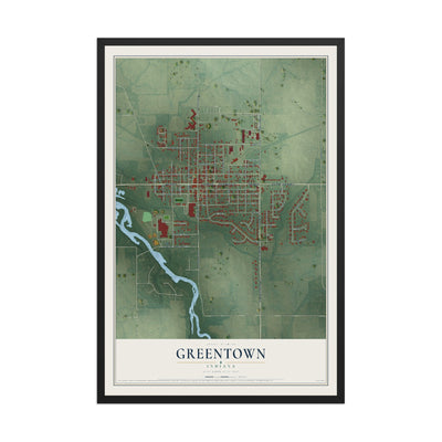 Map of Greentown, Indiana, 12 x 18 inch print in a black wood frame