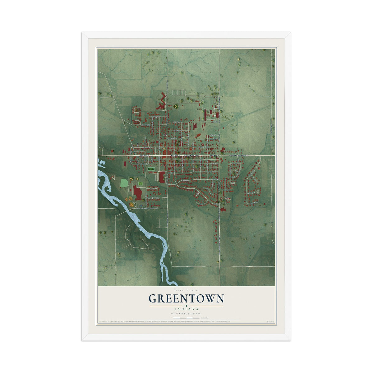 Map of Greentown, Indiana, 12 x 18 inch print in a white wood frame