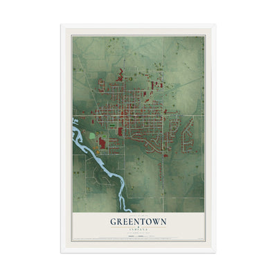 Map of Greentown, Indiana, 12 x 18 inch print in a white wood frame