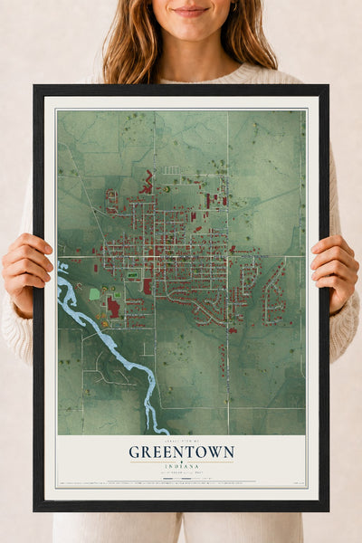 Map of Greentown, Indiana, 18 x 24 inch print in a black wood frame