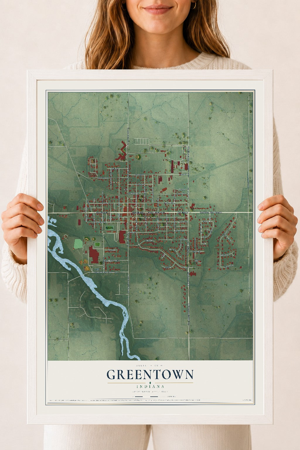 Map of Greentown, Indiana, 18 x 24 inch print in a white wood frame