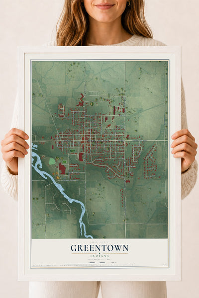 Map of Greentown, Indiana, 18 x 24 inch print in a white wood frame