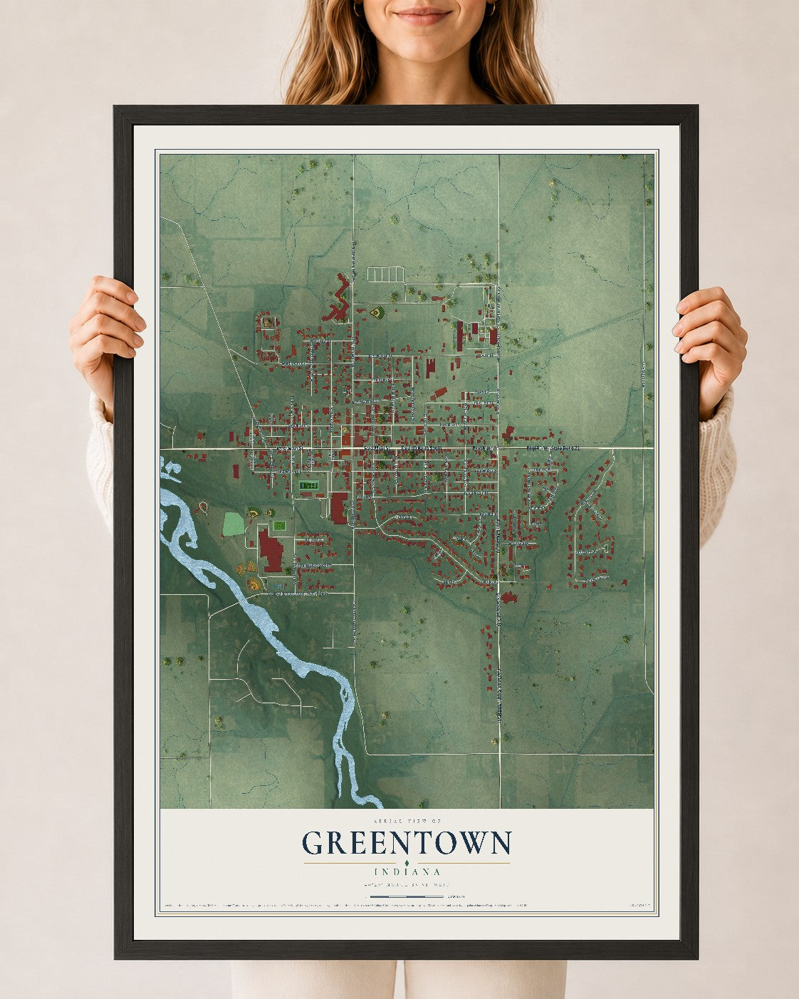 Map of Greentown, Indiana, 24 x 36 inch print in a black wood frame