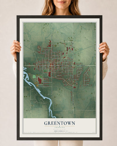 Map of Greentown, Indiana, 24 x 36 inch print in a black wood frame