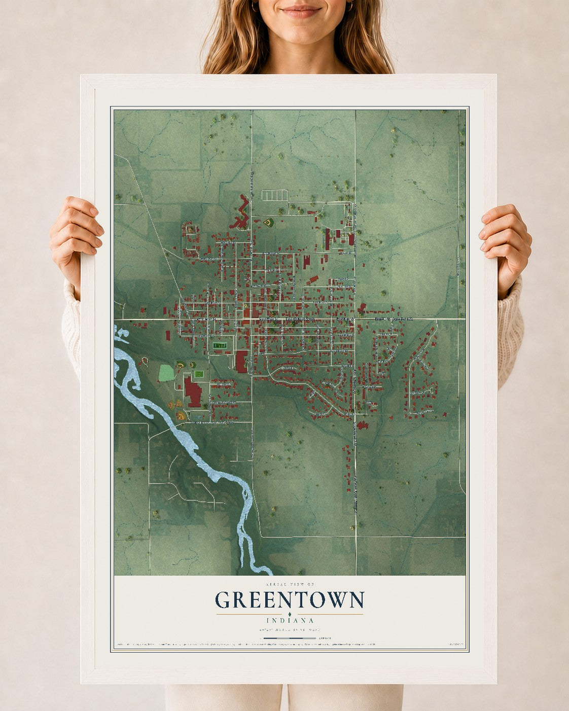 Map of Greentown, Indiana, 24 x 36 inch print in a white wood frame