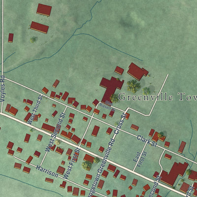 Second close-up of the map of Greenville, Indiana print showing more streets and buildings
