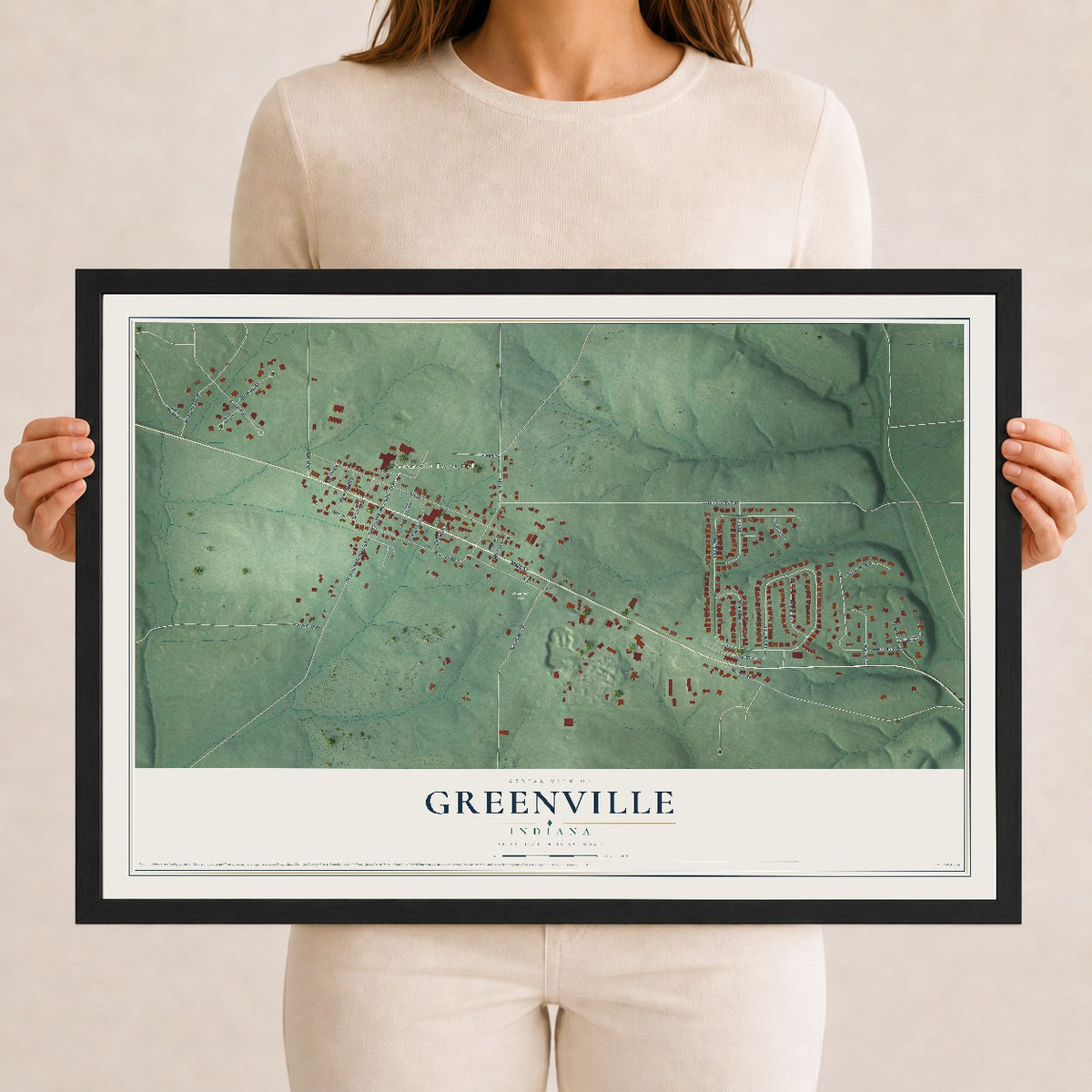 Map of Greenville, Indiana, 12 x 18 inch print in a black wood frame