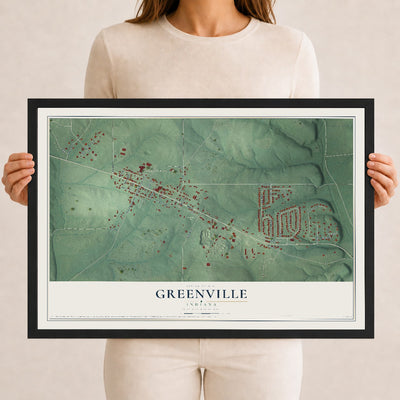 Map of Greenville, Indiana, 12 x 18 inch print in a black wood frame