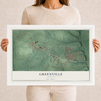Map of Greenville, Indiana, 12 x 18 inch print in a white wood frame