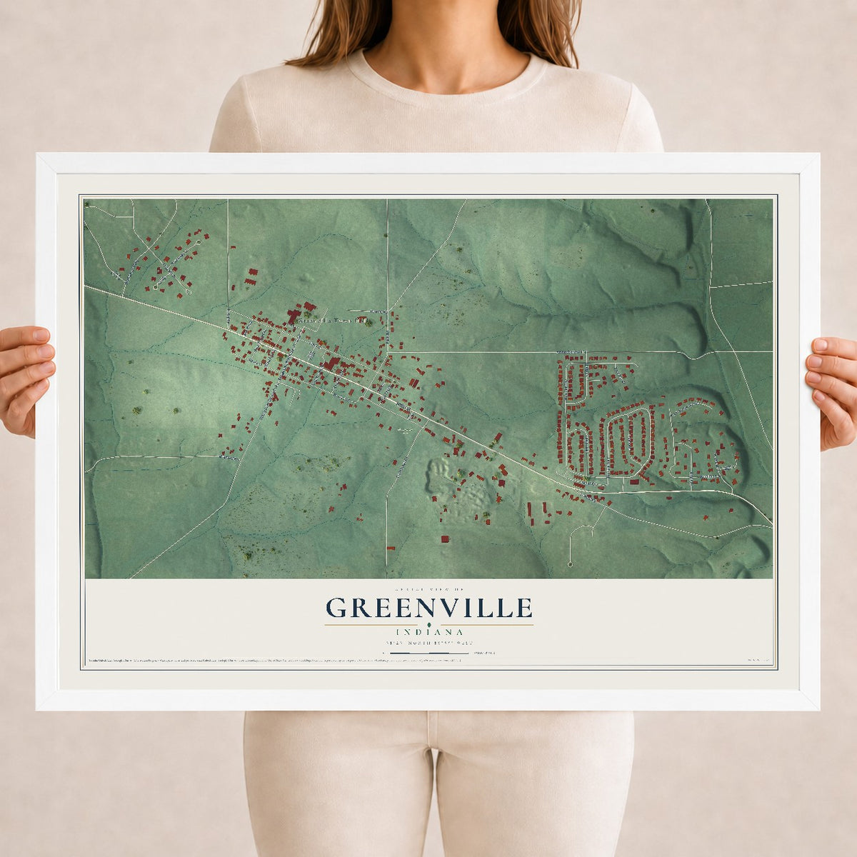 Map of Greenville, Indiana, 18 x 24 inch print in a white wood frame