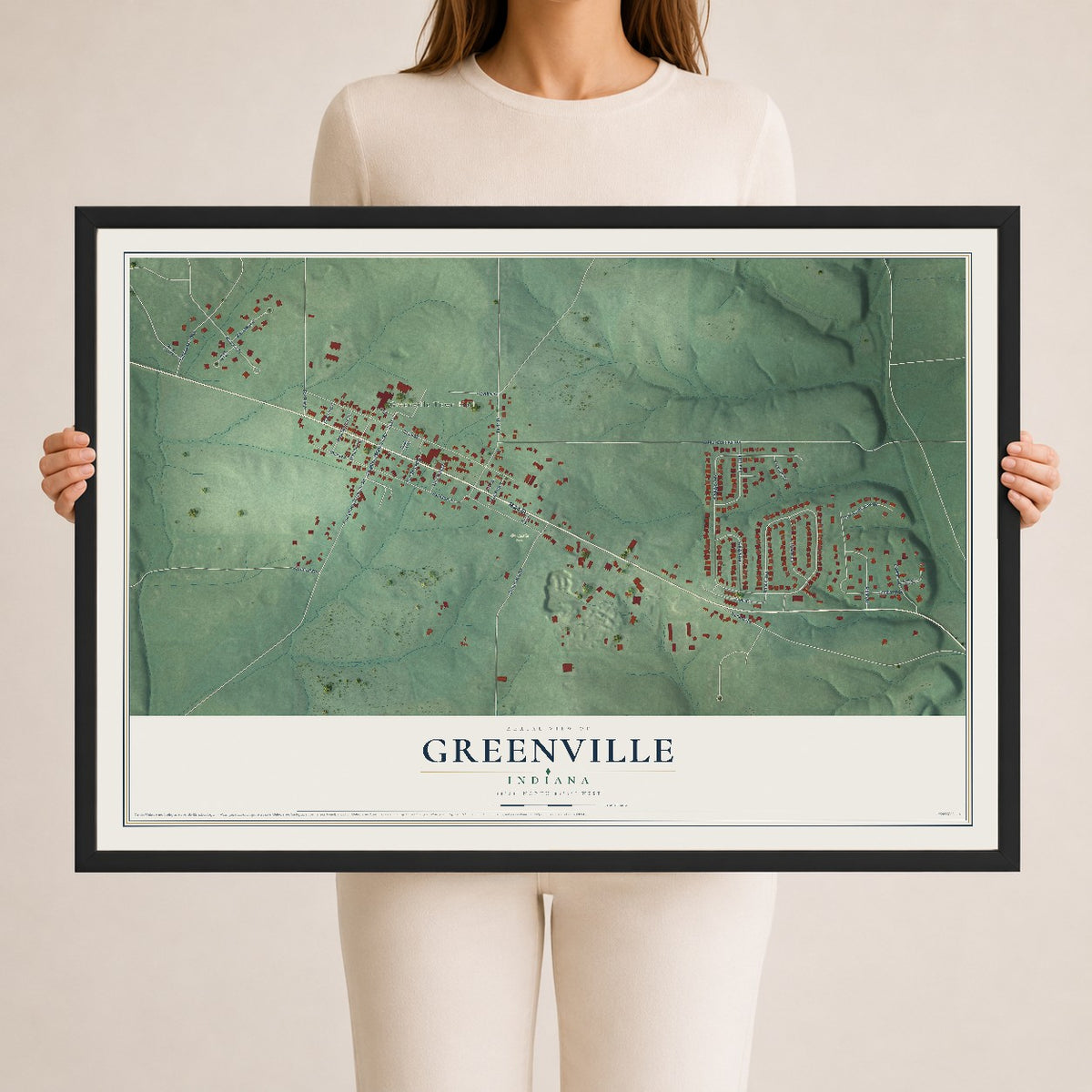 Map of Greenville, Indiana, 24 x 36 inch print in a black wood frame