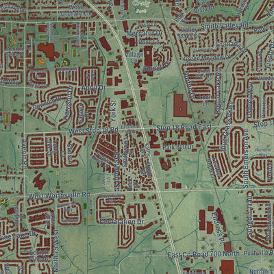 Close-up of the map of Greenwood, Indiana print showing street and building detail