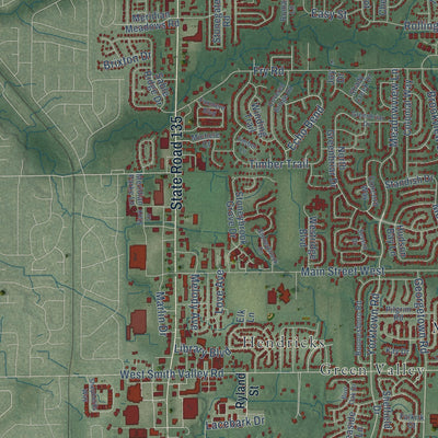 Second close-up of the map of Greenwood, Indiana print showing more streets and buildings