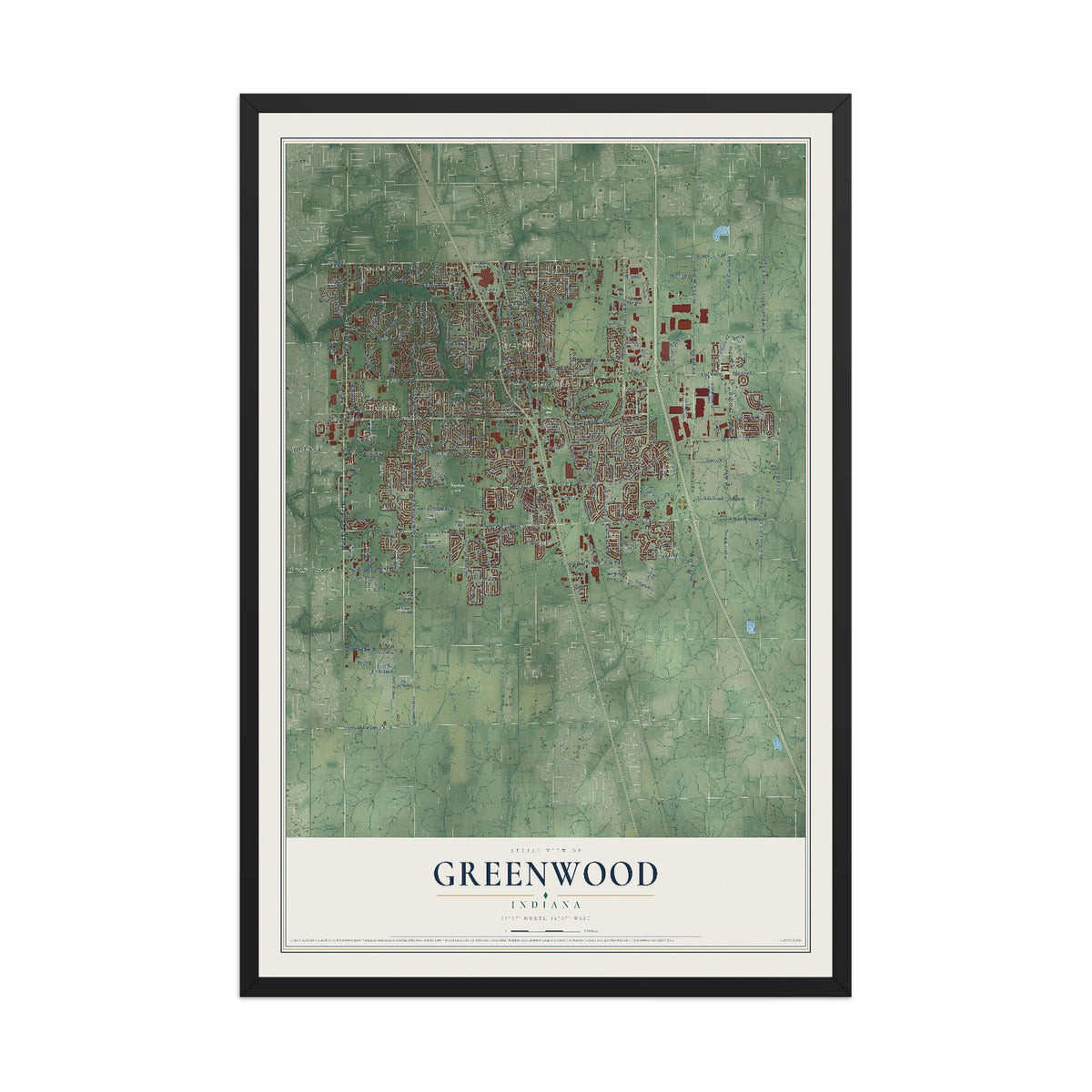 Map of Greenwood, Indiana, 12 x 18 inch print in a black wood frame