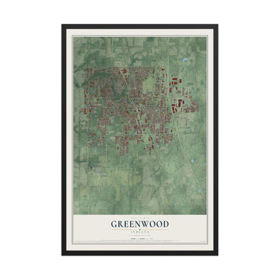 Map of Greenwood, Indiana, 12 x 18 inch print in a black wood frame