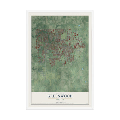 Map of Greenwood, Indiana, 12 x 18 inch print in a white wood frame