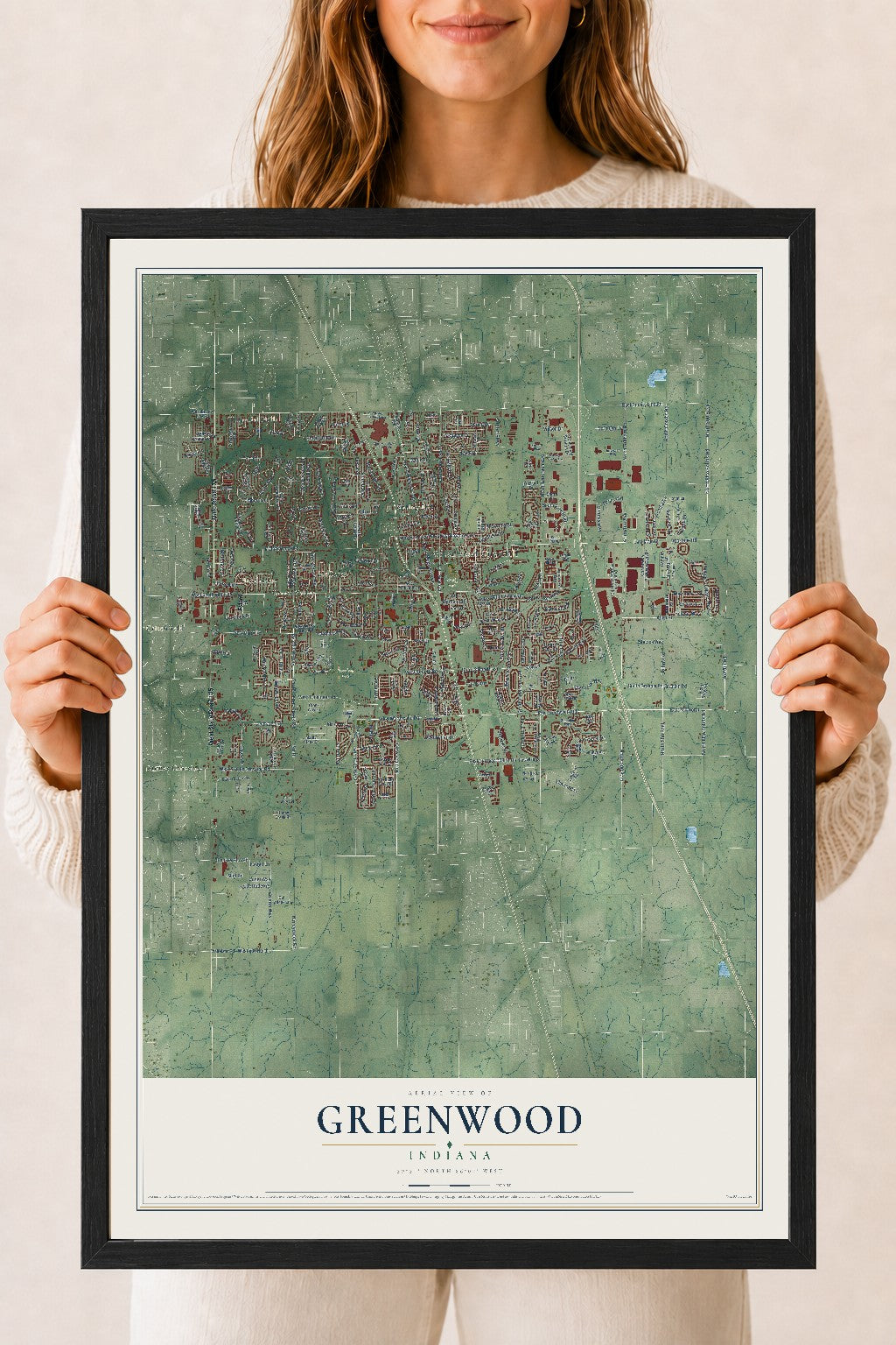 Map of Greenwood, Indiana, 18 x 24 inch print in a black wood frame