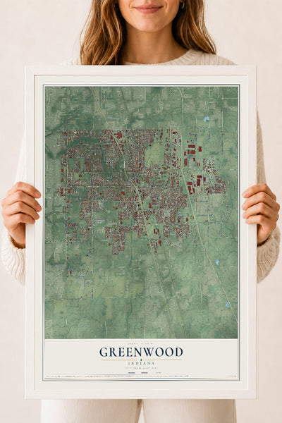 Map of Greenwood, Indiana, 18 x 24 inch print in a white wood frame