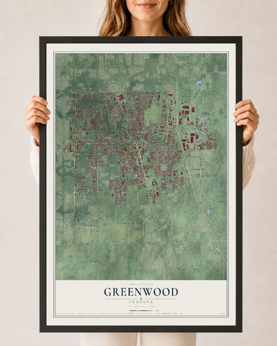 Map of Greenwood, Indiana, 24 x 36 inch print in a black wood frame