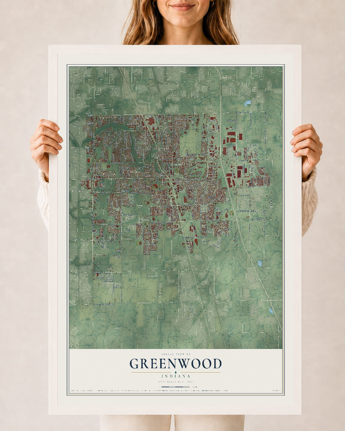 Map of Greenwood, Indiana, 24 x 36 inch print in a white wood frame
