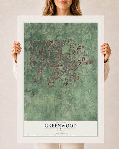 Map of Greenwood, Indiana, 24 x 36 inch print in a white wood frame
