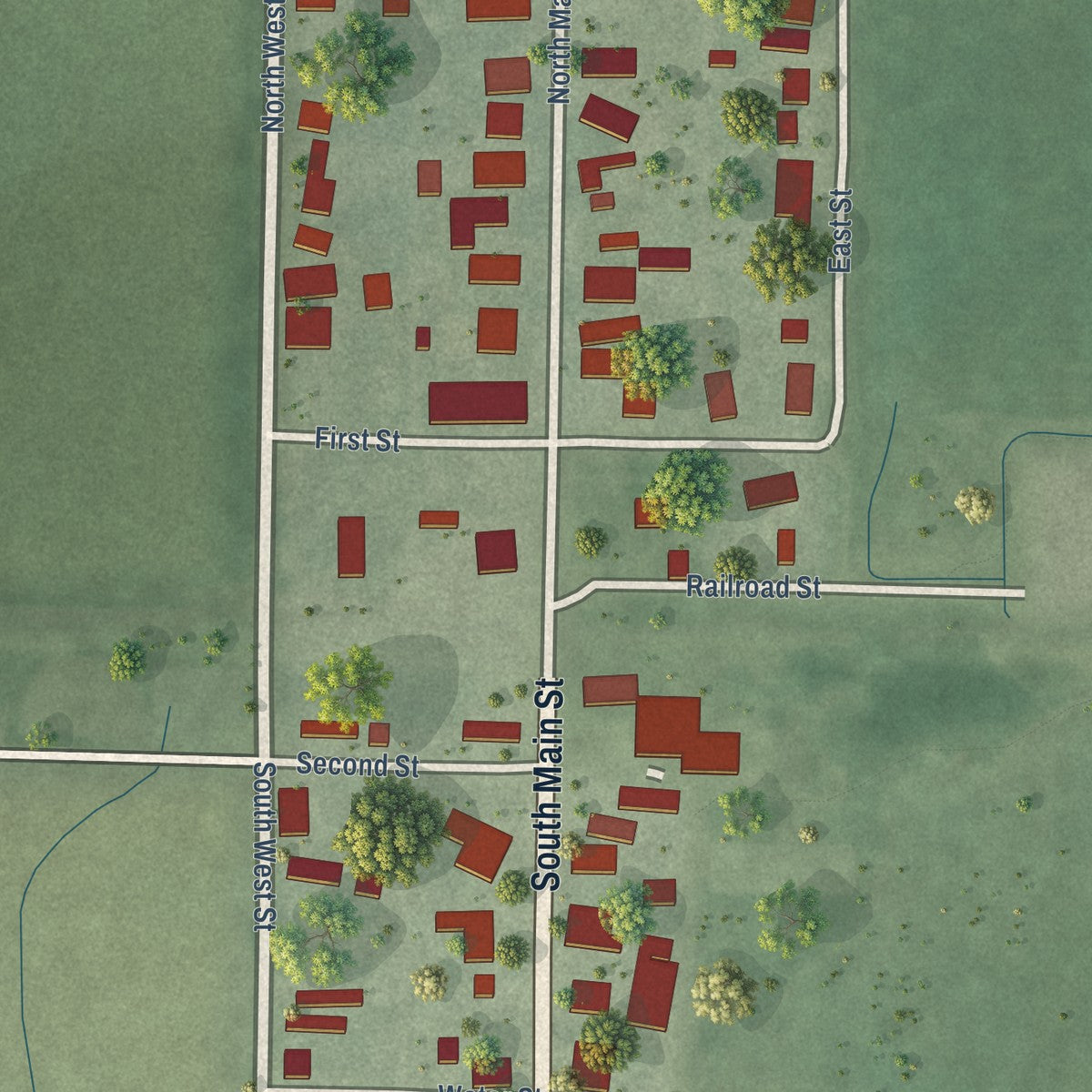Second close-up of the map of Griffin, Indiana print showing more streets and buildings