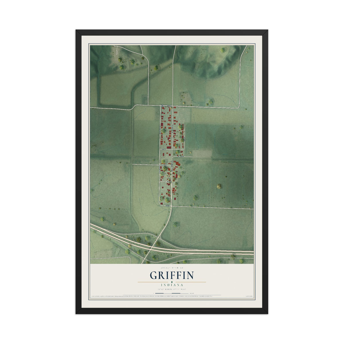 Map of Griffin, Indiana, 12 x 18 inch print in a black wood frame