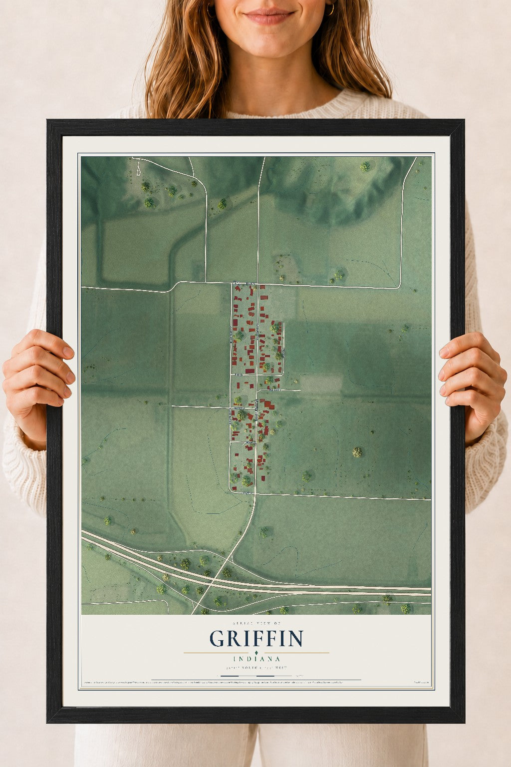 Map of Griffin, Indiana, 18 x 24 inch print in a black wood frame
