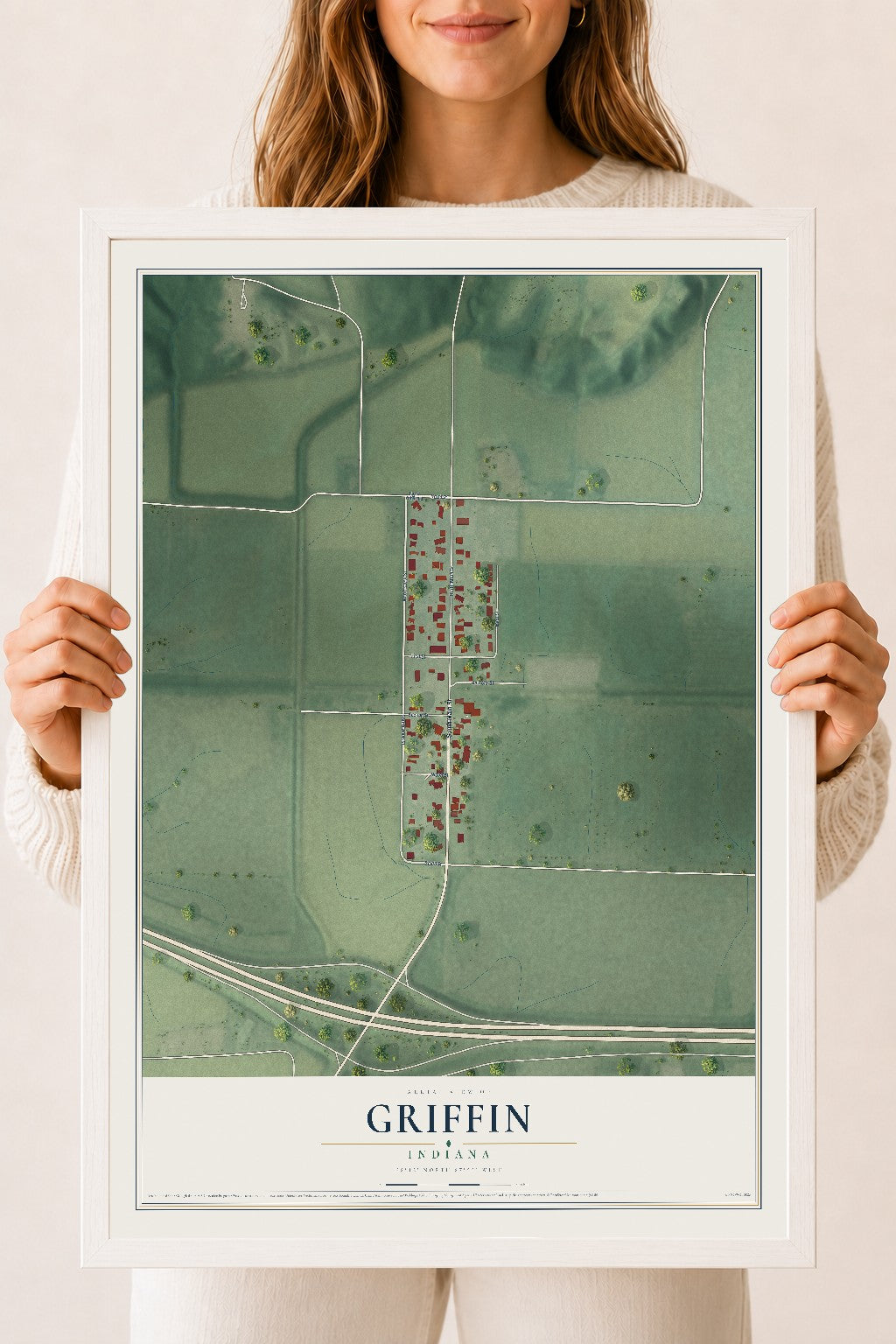Map of Griffin, Indiana, 18 x 24 inch print in a white wood frame