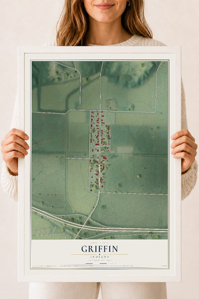 Map of Griffin, Indiana, 18 x 24 inch print in a white wood frame