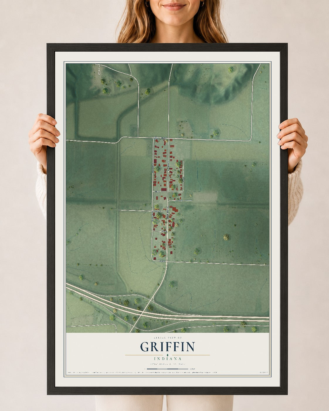 Map of Griffin, Indiana, 24 x 36 inch print in a black wood frame