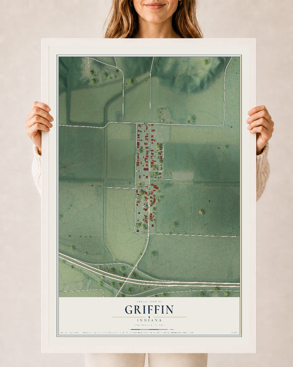 Map of Griffin, Indiana, 24 x 36 inch print in a white wood frame