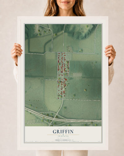 Map of Griffin, Indiana, 24 x 36 inch print in a white wood frame
