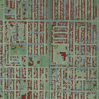 Close-up of the map of Griffith, Indiana print showing street and building detail