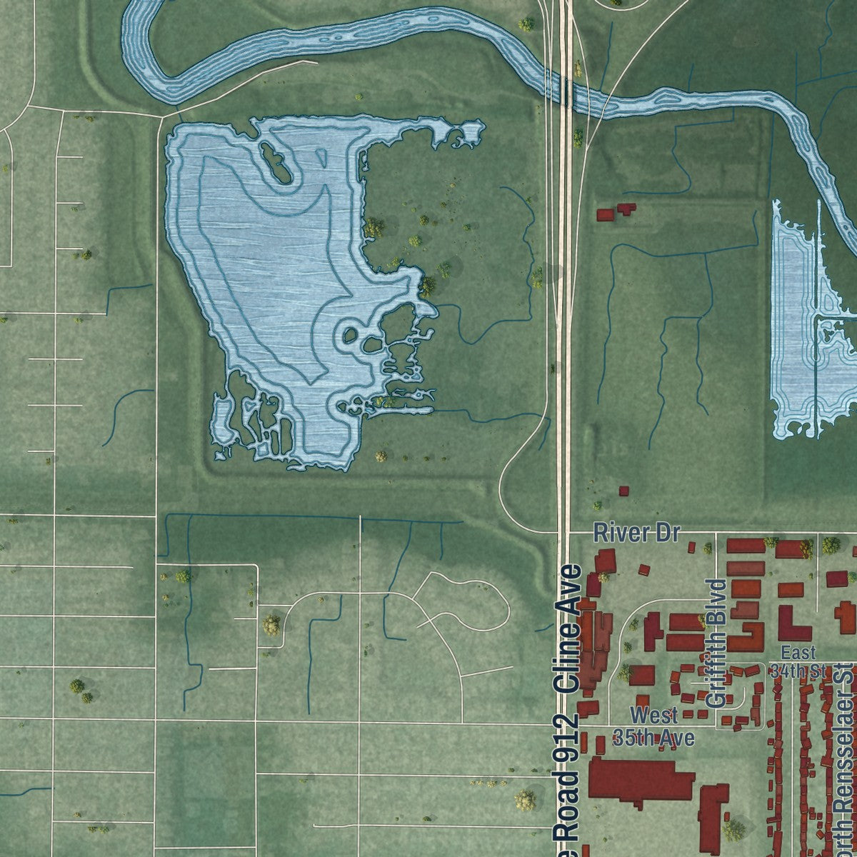 Second close-up of the map of Griffith, Indiana print showing more streets and buildings