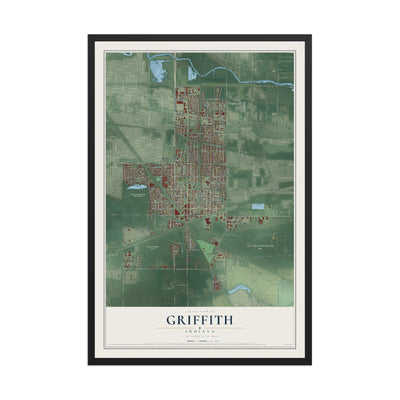 Map of Griffith, Indiana, 12 x 18 inch print in a black wood frame