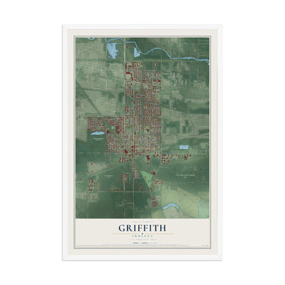 Map of Griffith, Indiana, 12 x 18 inch print in a white wood frame