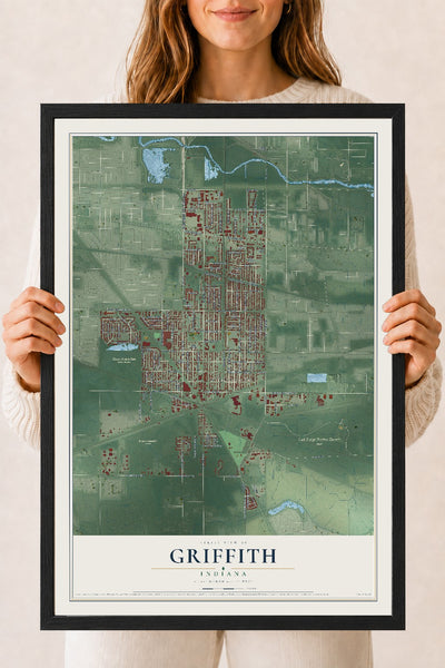 Map of Griffith, Indiana, 18 x 24 inch print in a black wood frame