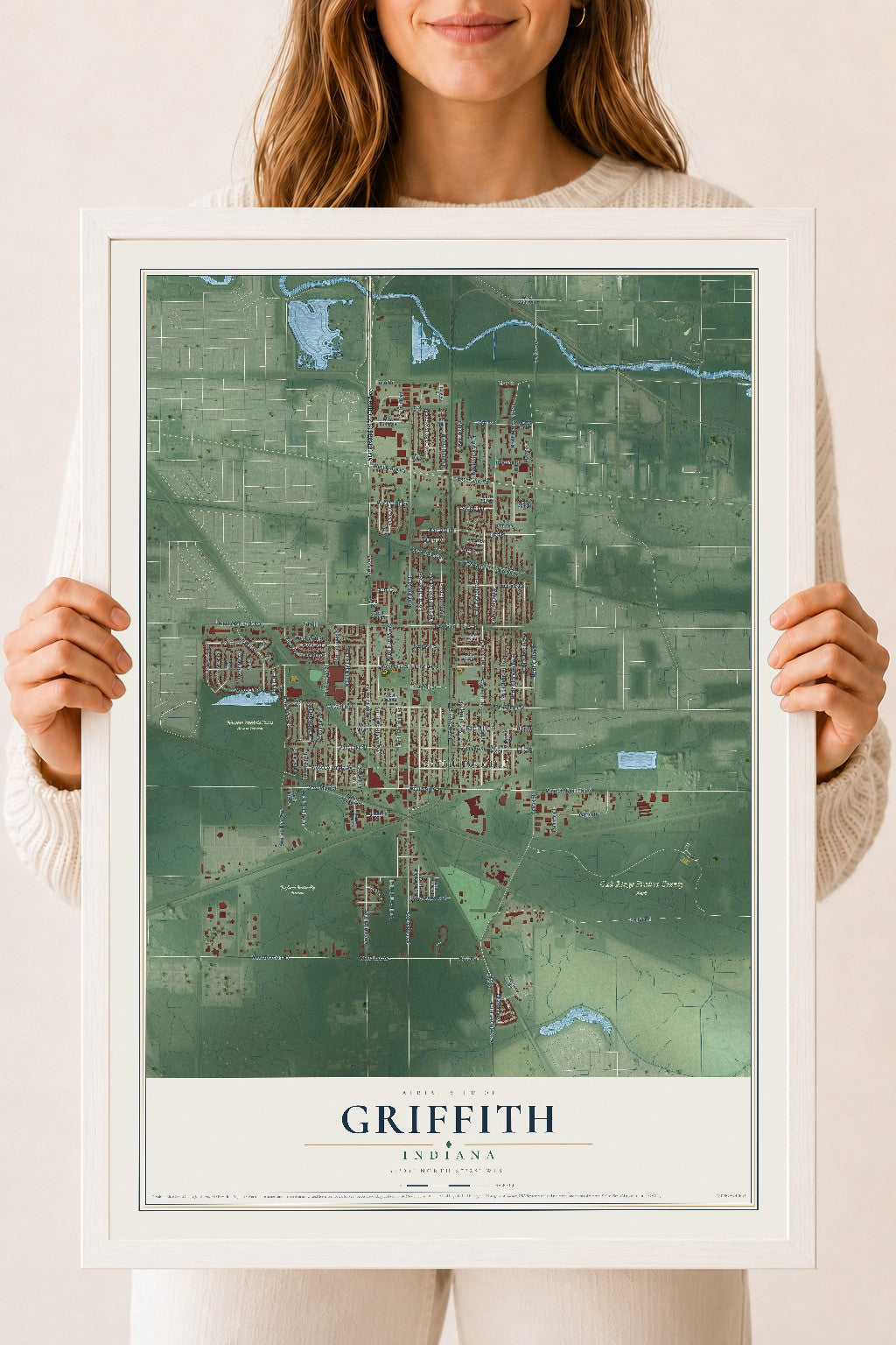 Map of Griffith, Indiana, 18 x 24 inch print in a white wood frame