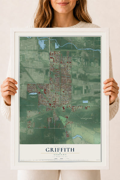 Map of Griffith, Indiana, 18 x 24 inch print in a white wood frame
