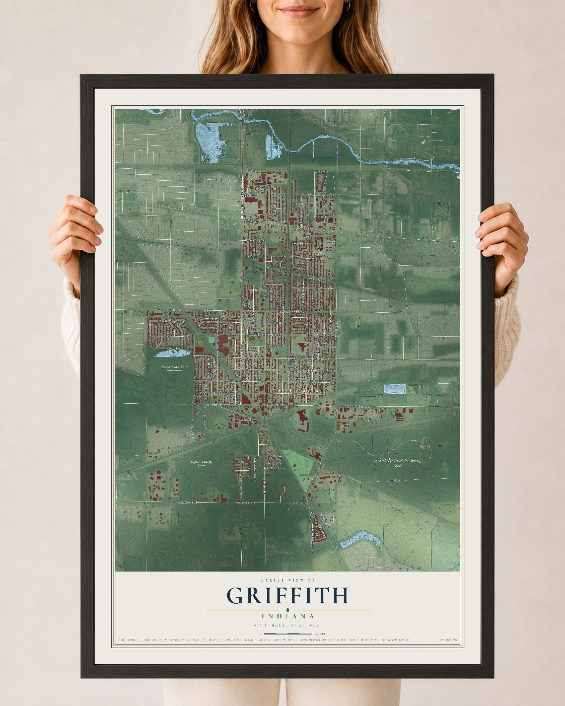 Map of Griffith, Indiana, 24 x 36 inch print in a black wood frame