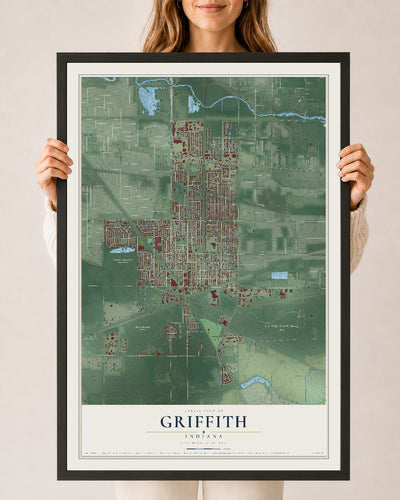 Map of Griffith, Indiana, 24 x 36 inch print in a black wood frame