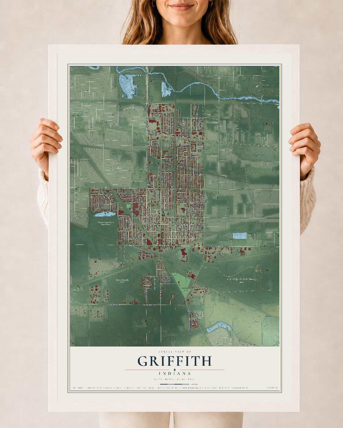 Map of Griffith, Indiana, 24 x 36 inch print in a white wood frame