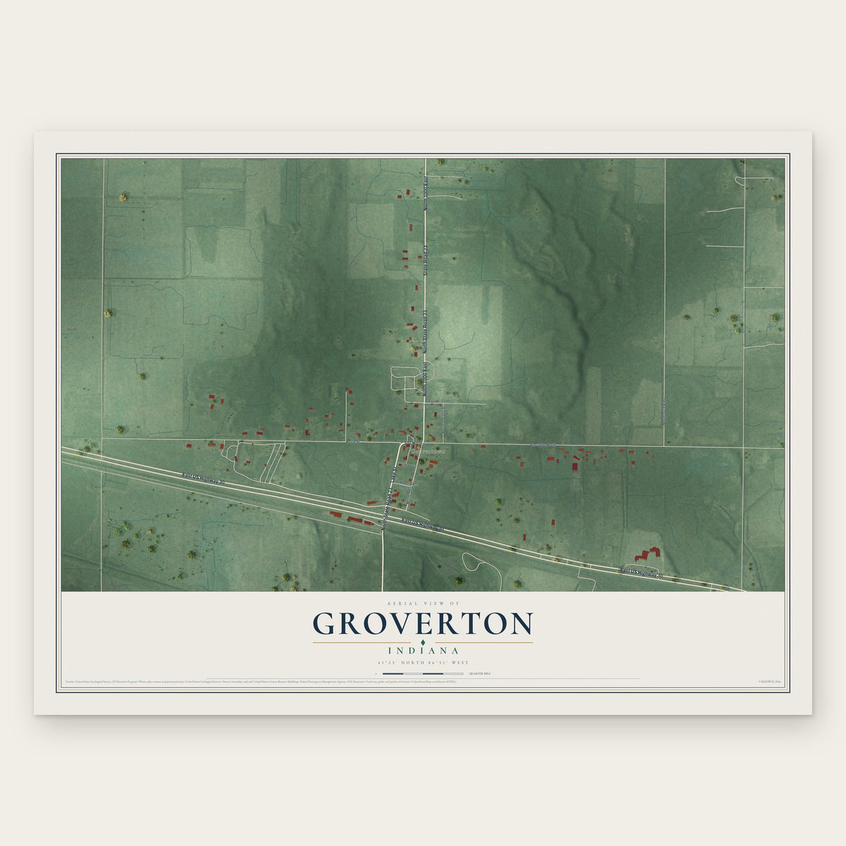 Groverton, Indiana map print, the full design