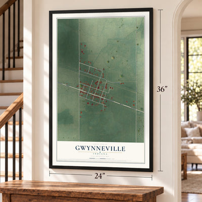 Gwynneville, Indiana map, 24 x 36 inch print in a black frame by a staircase