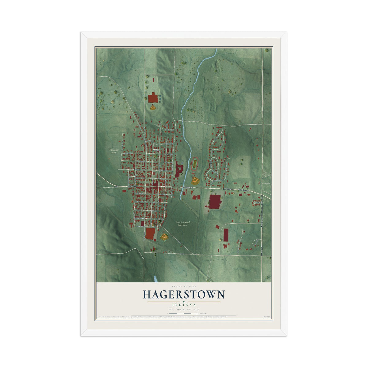 Map of Hagerstown, Indiana, 12 x 18 inch print in a white wood frame