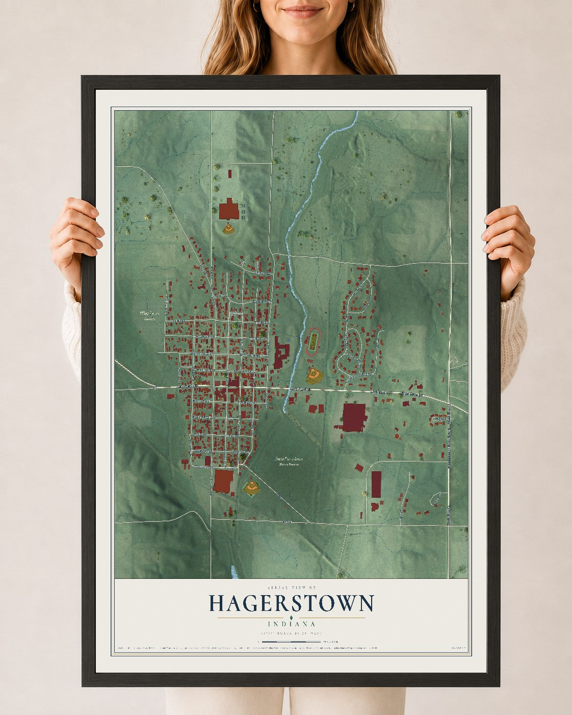 Map of Hagerstown, Indiana, 24 x 36 inch print in a black wood frame