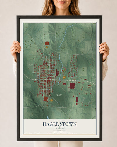 Map of Hagerstown, Indiana, 24 x 36 inch print in a black wood frame